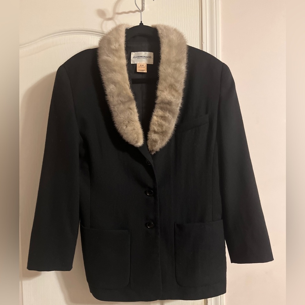 Club Monaco Wool Black Blazer with Real Fur Collar